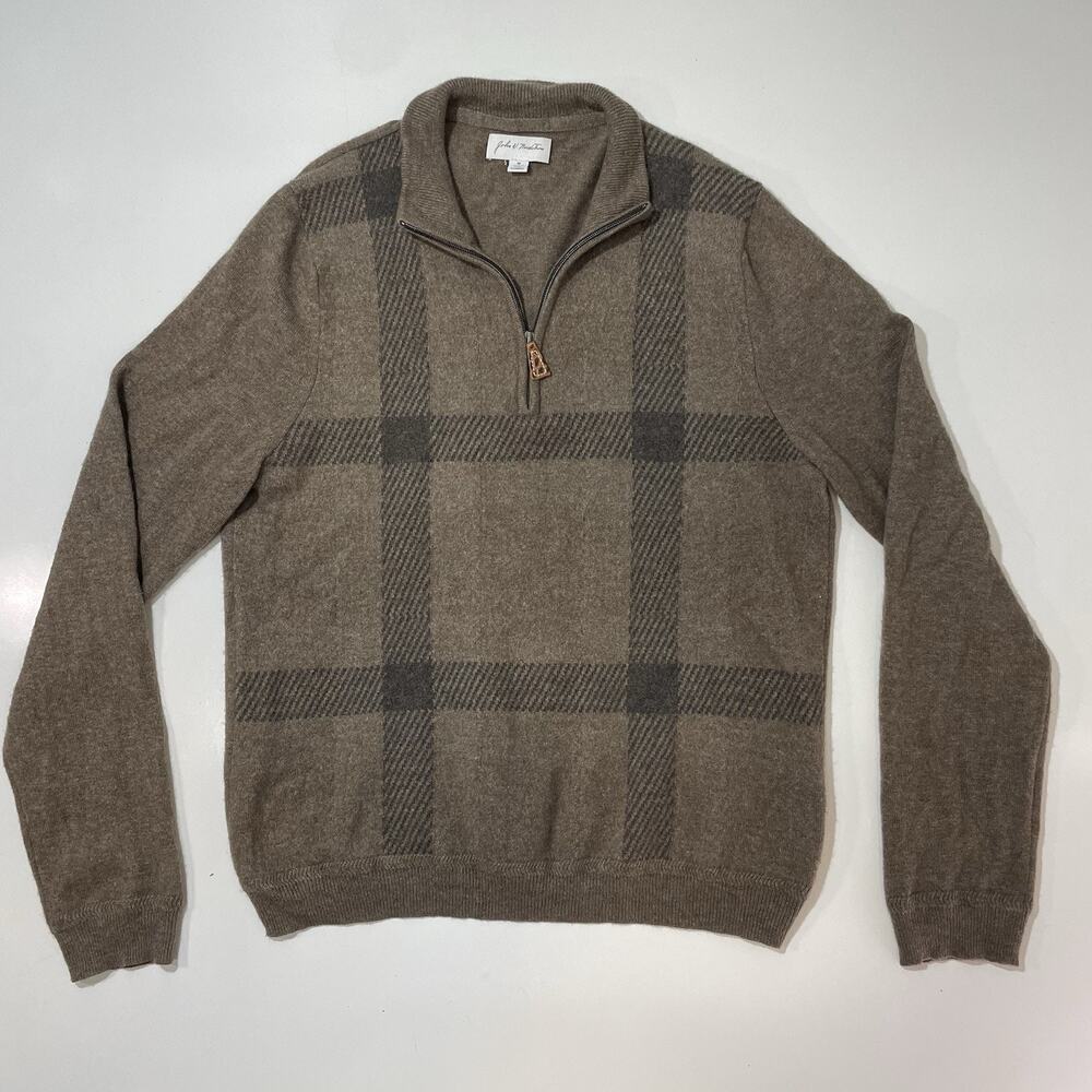 John W Nordstrom Sweater Men’s Pullover Cashmere Light Brown Plaid 1/4 Zip M